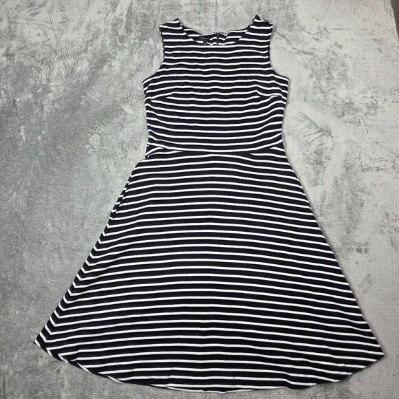 Talbots Dress Small Navy White Stripe Edie Fit Flare Preppy Nautical Pockets - Picture 2 of 9